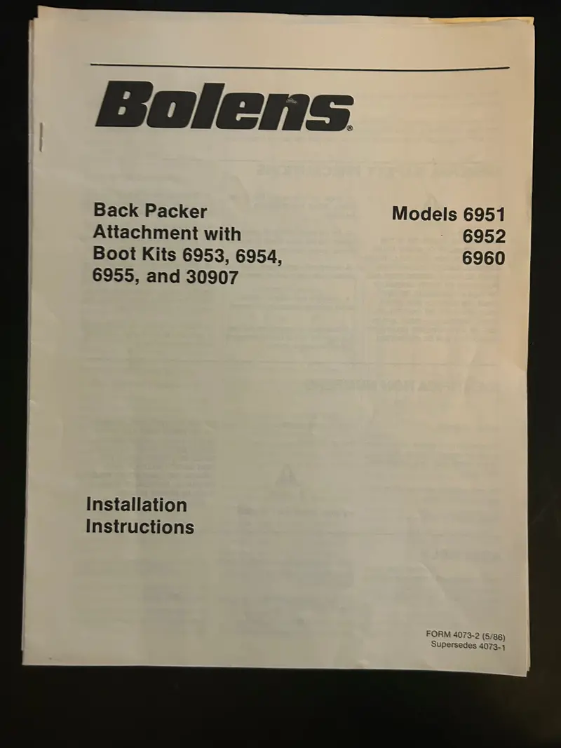 Bolens _ Back Packer Attachment W/Boot Kits Model 6951, 6952 & 6960 _ Installation Instructions 1