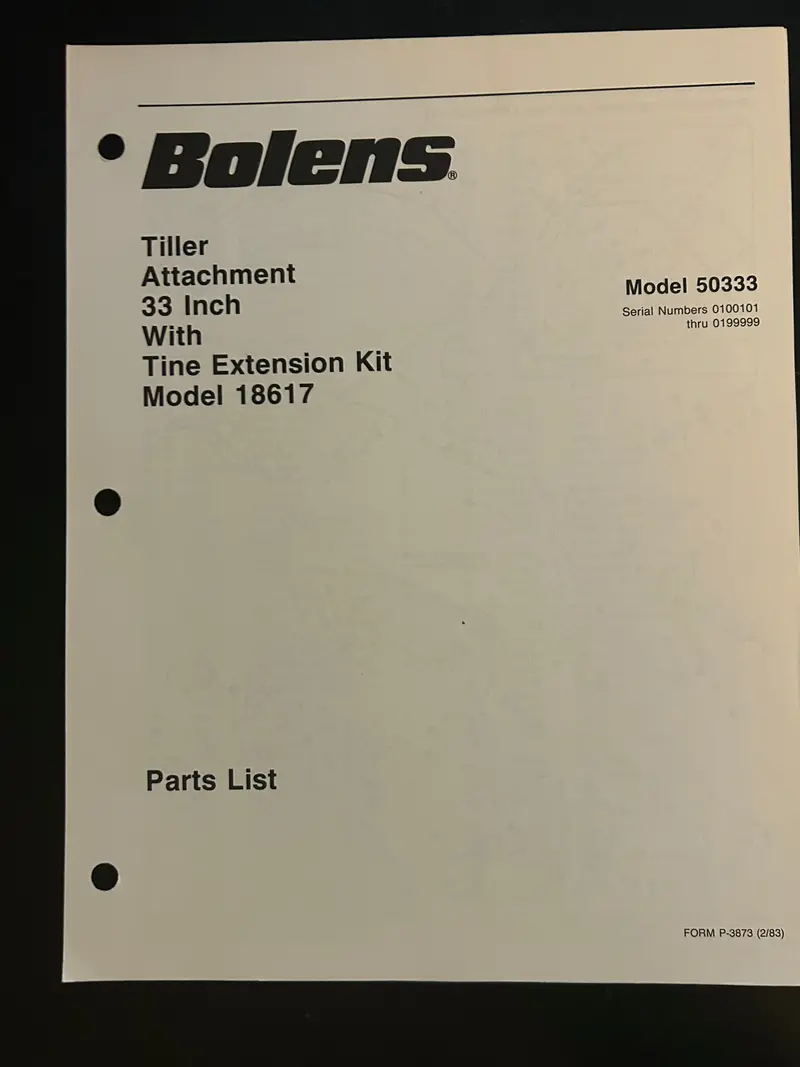 Bolens _ Rotary Attachment 33” W/ Tibe Extension Kit Model 50333 _ Parts List 1