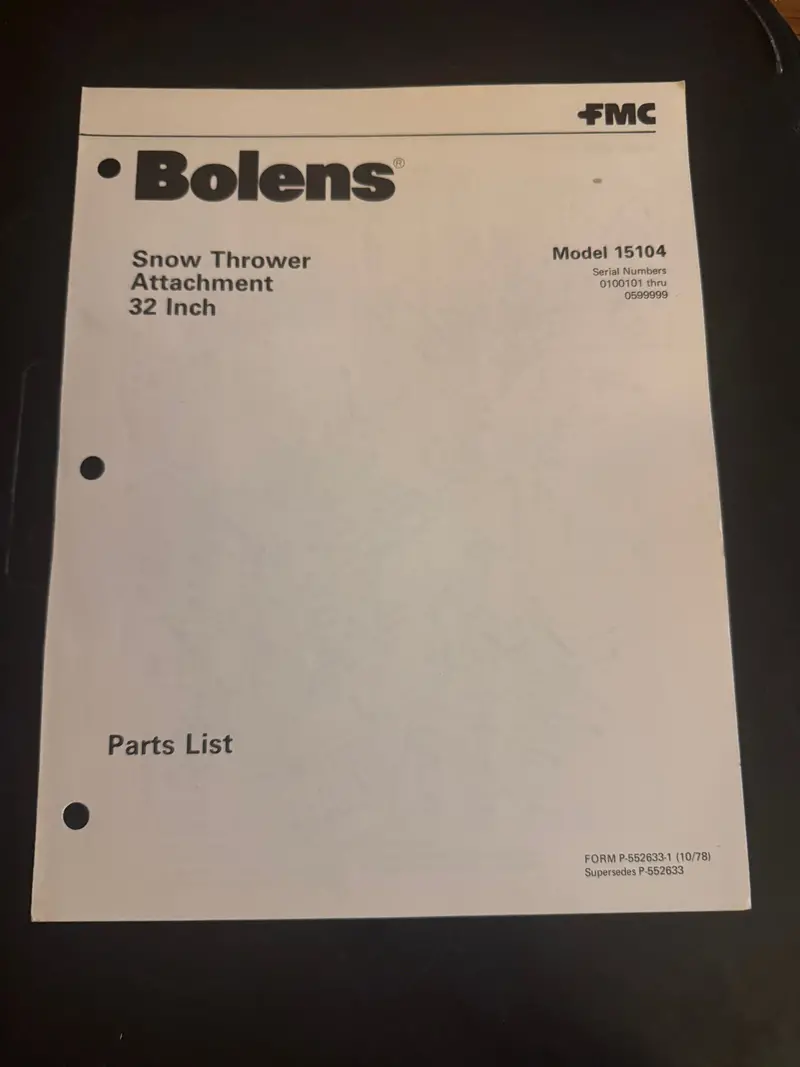Bolens _ Snow Thrower Attachment 32” Model 15104 _ Parts List 1