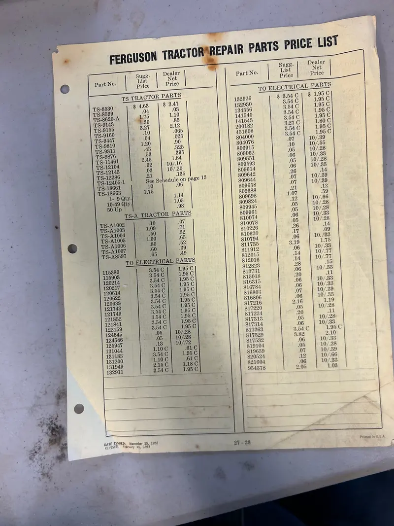 Ferguson Tractor _ Vintage Repair Parts Price List 1