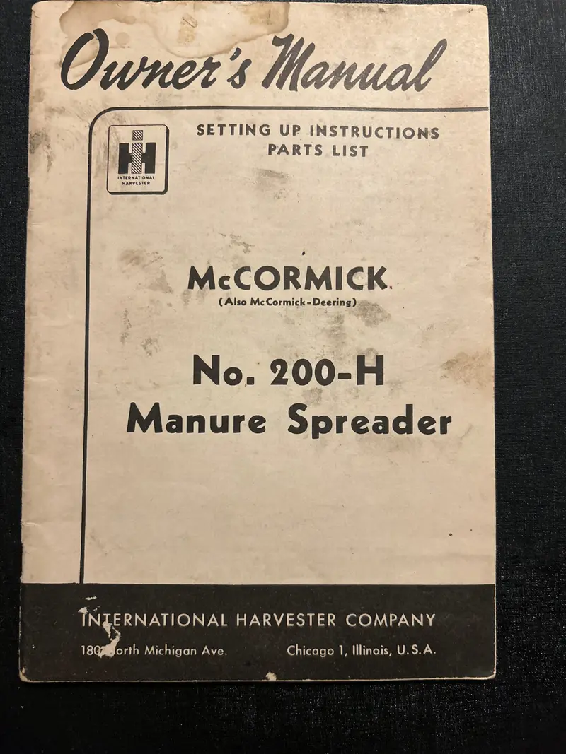 Ih Mccormick _ No 200-H Manure Spreader _ Setting Up Instructions Parts List 1