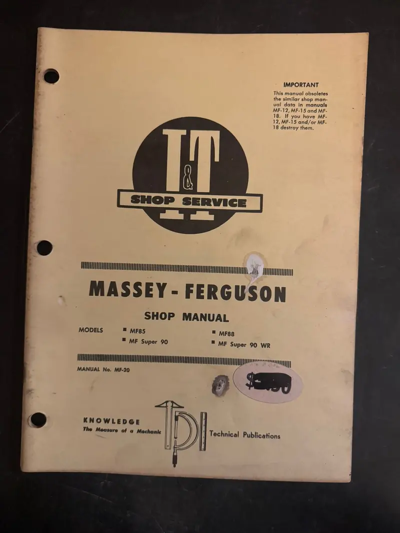 I&T _ Massey-Ferguson Models Mf85, Mf Super 90, Mf88 & Mf Super 90 Wr _ Shop Manual Mf-20 1