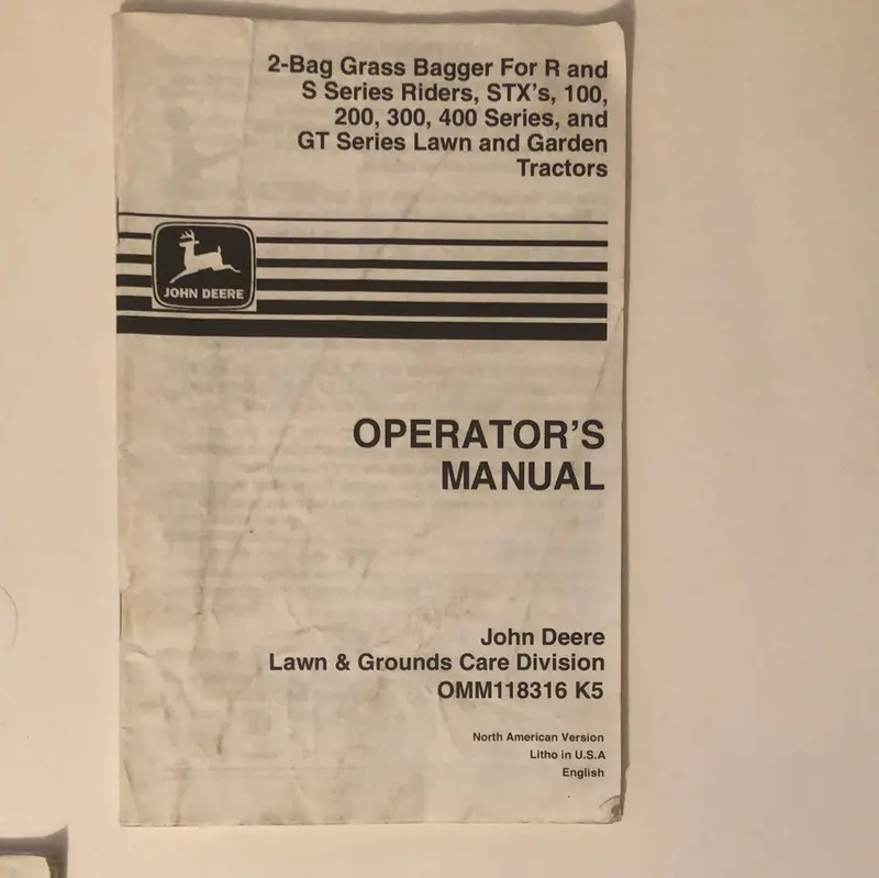 John Deere 2-Bag Grass Bagger For R & S Series Riders, Stxs, 100, 200, 300, 400 Series & Gt Lawn And Garden Tractors _ Operator’S Manual 1
