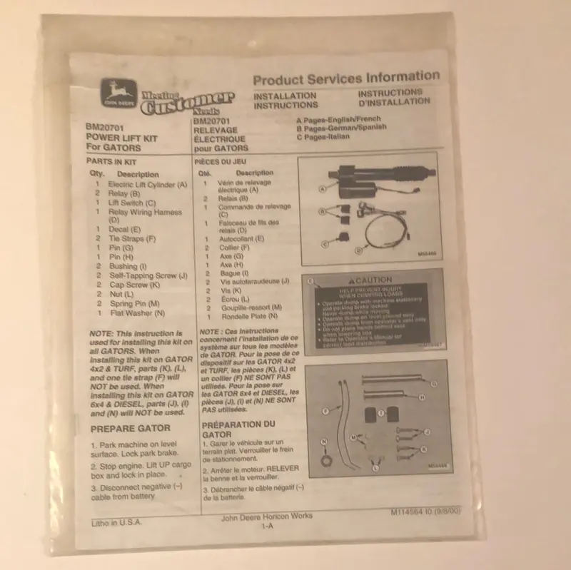 John Deere Bm20701 Power Lift Kit For Gators_Product Services Information 1