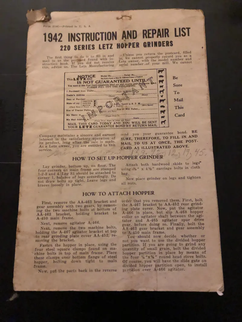 Letz _ 220 Series Hopper Grinders _ 1942 Instructions & Repair List 1