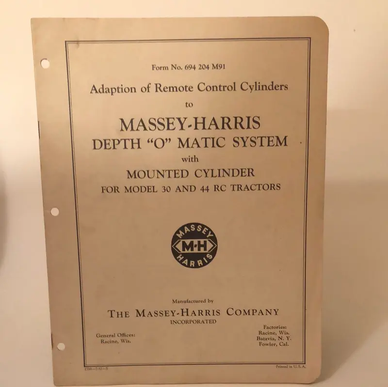 Massey-Harris _ Adaption Of Remote Control Cyliders Massey-Harris Depth "O" Matic System W/Mounted Cylinder For Model 30 & 44Rc Tractors 1