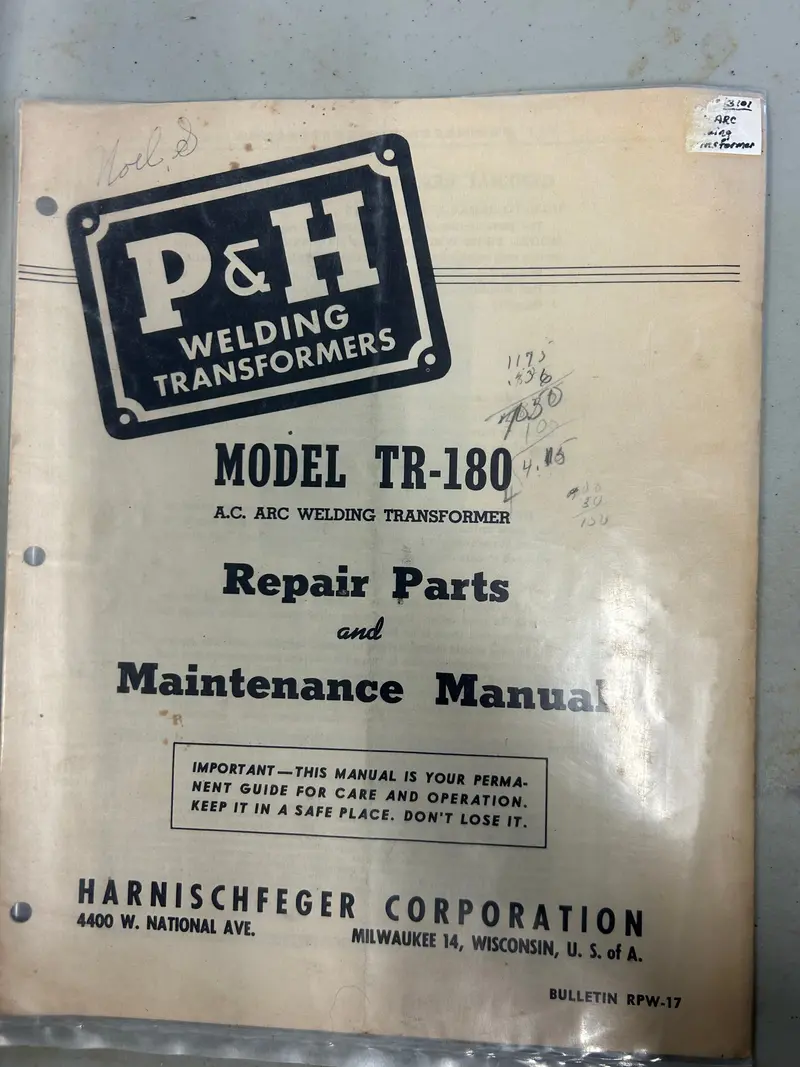 P & H _ Ac Arc Welding Transformer Model Tr-180 _ Repair Parts & Manual 1